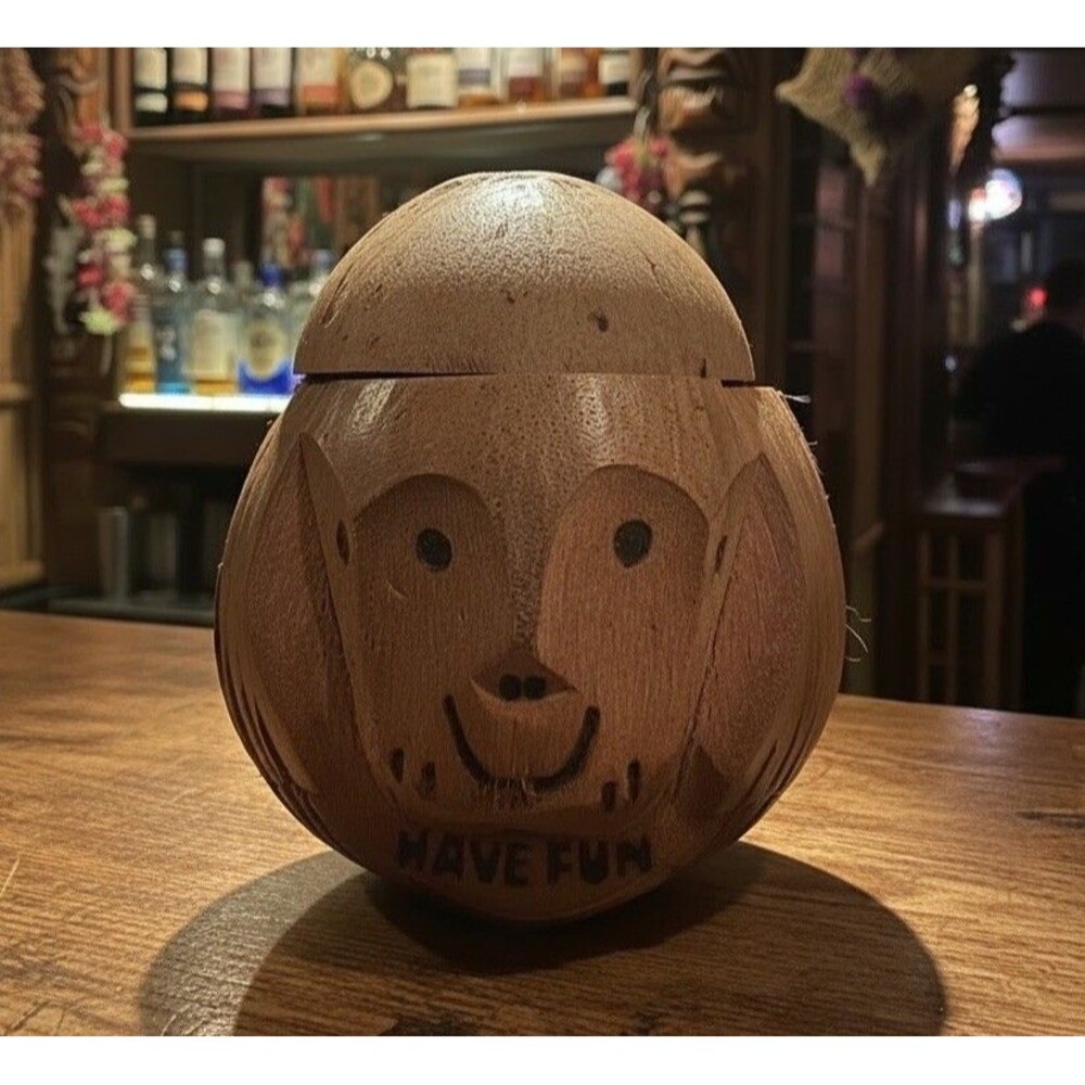 Carved Coconut Monkey Head HAVE FUN Cup Holder 8" Tip Jar Bank with Cup Tiki Bar